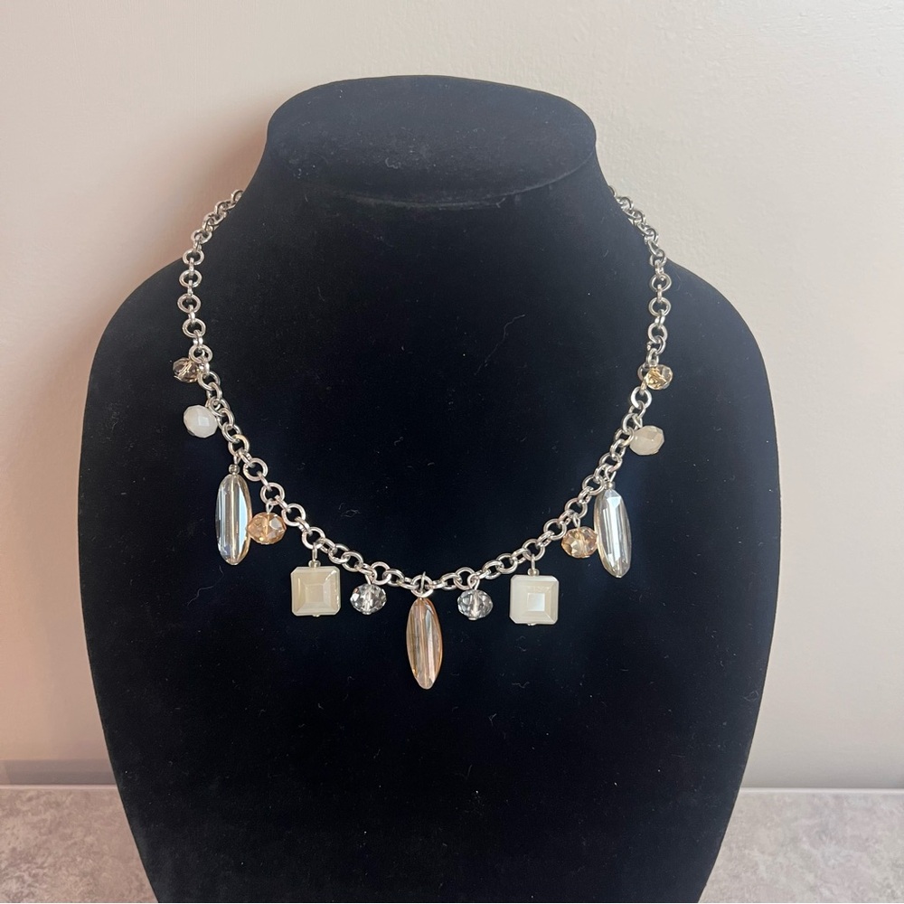 Silver Tone Charm Necklace Crystal Pearl Beaded Statement Adjustable 19β